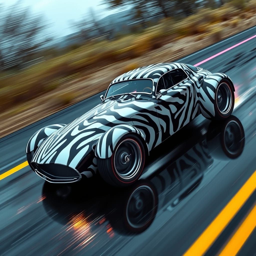 Zebra Hot Rod Speeds Down Wet Asphalt Road