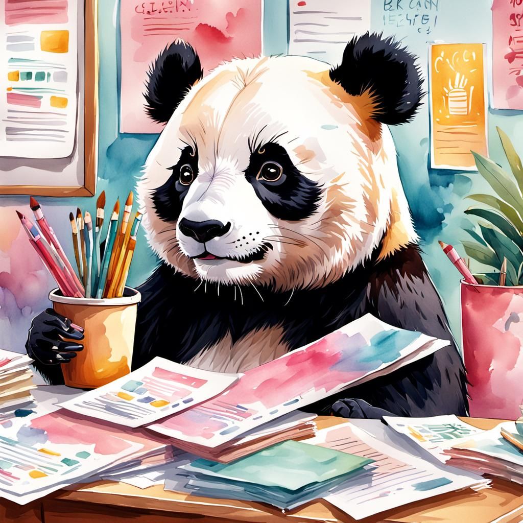 Panda in Student Council Office: Watercolor Illustration