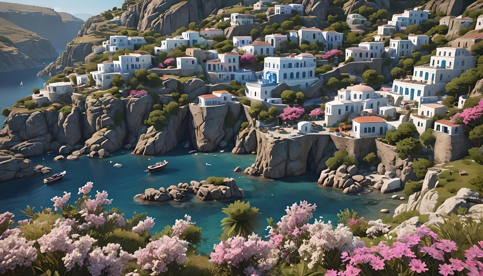 Dreamy Greek Island Scene in Detailed Matte Painting