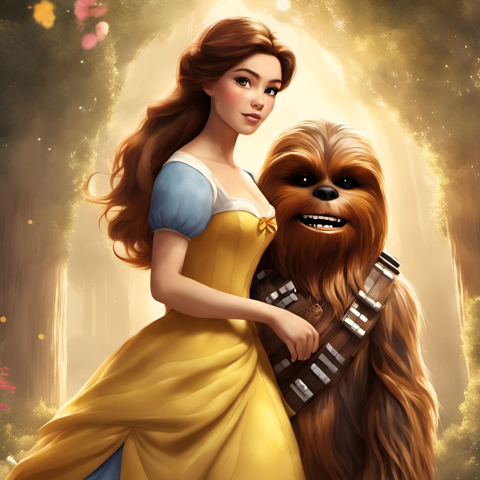 Princess Belle and Chewbacca Portrait in Thread Art Style