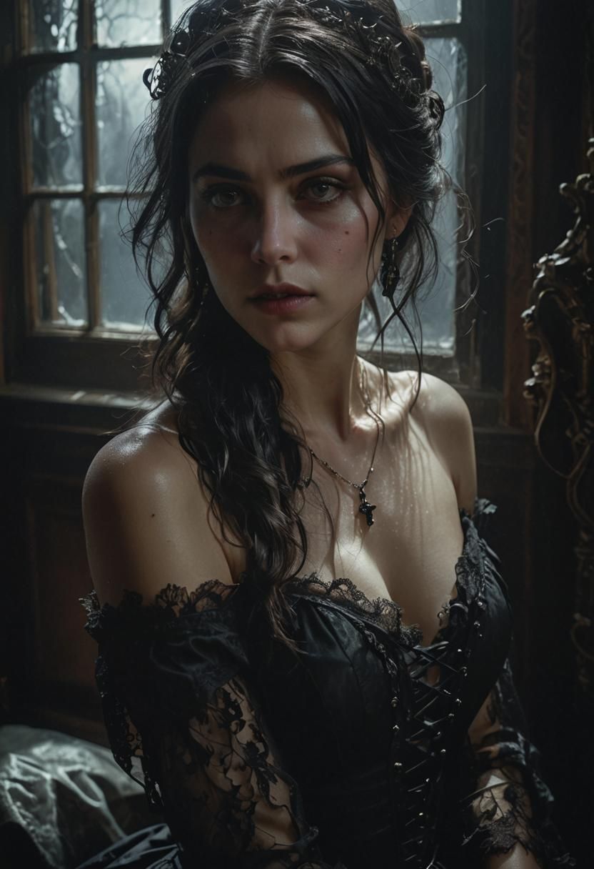 Gothic Woman in Chiaroscuro by Moonlit Window