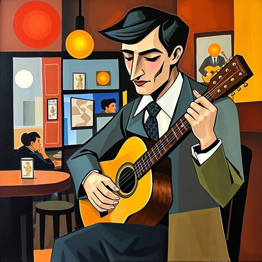 Cubist Guitarist in Vibrant Café