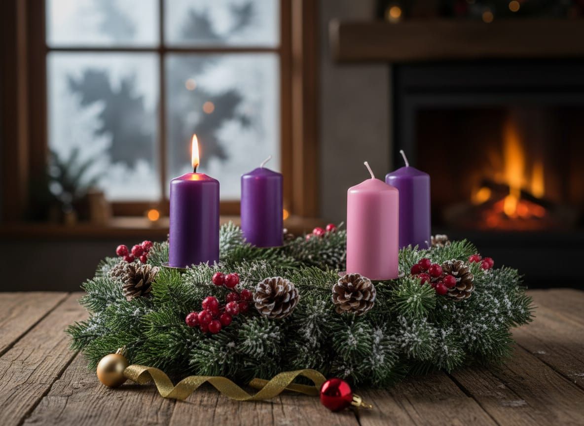 Advent Wreath with Lit Purple and Pink Candles