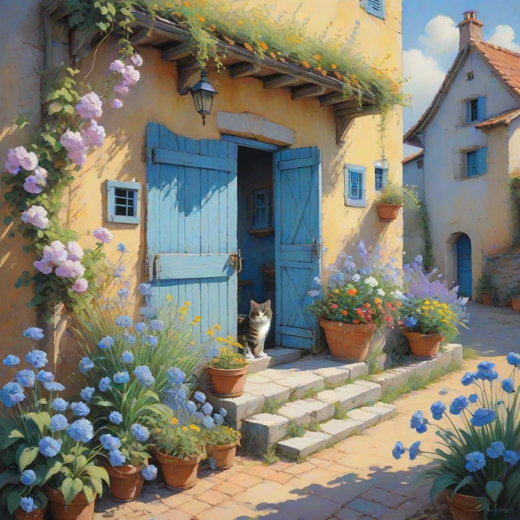 Pastel Watercolor Cat and House in Spring Flowers
