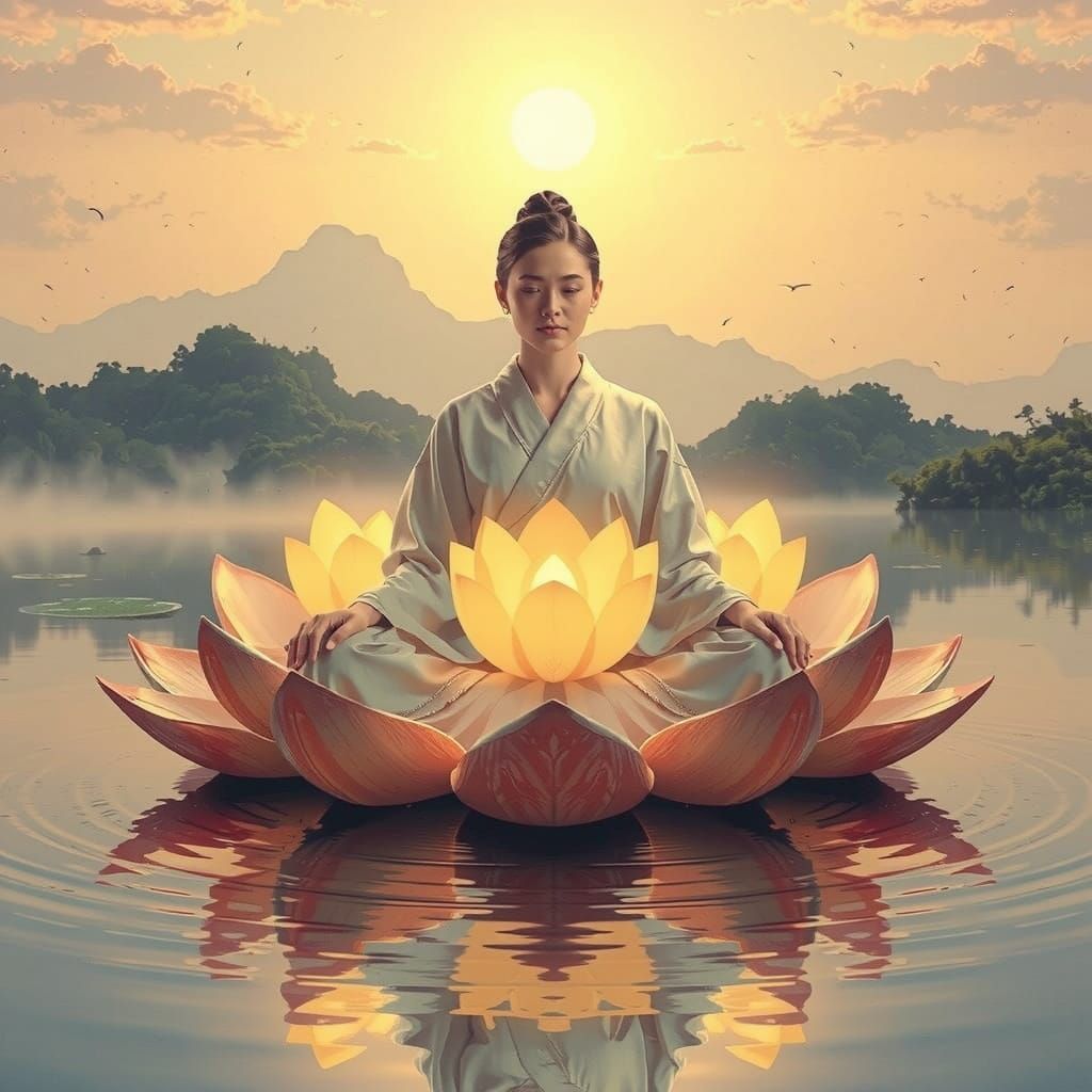 Meditating Woman in Lotus Flower, Painterly Realism