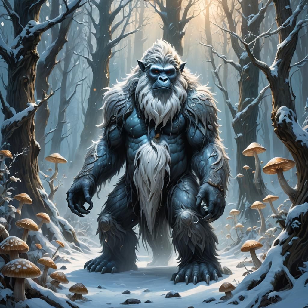 Yeti in Mystical Forest: Fantasy Oil Painting