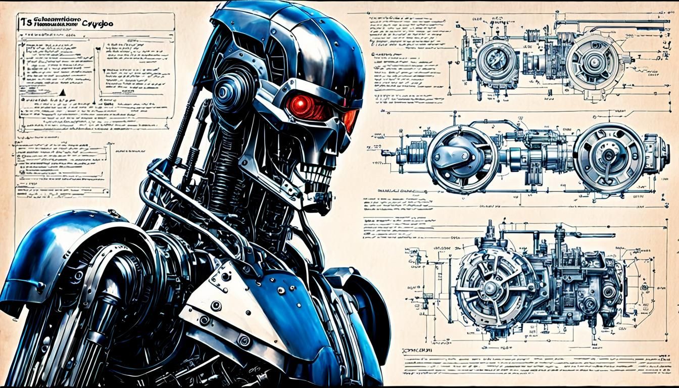 Detailed T-800 Cyborg Schematics in Leonardo da Vinci Style