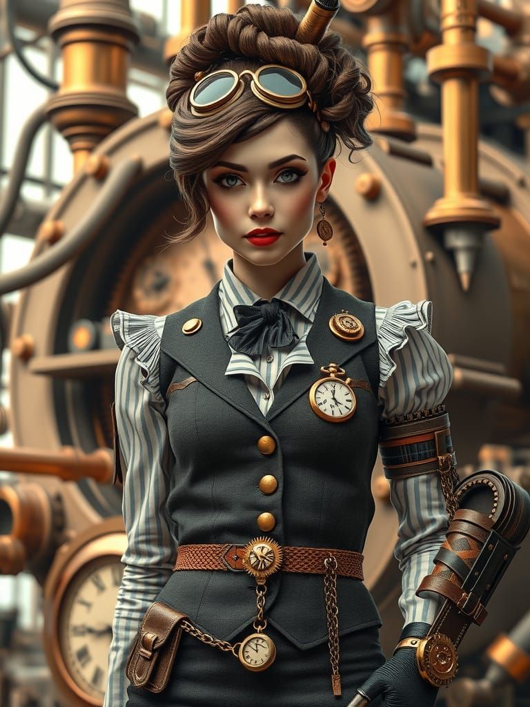 Steampunk woman:
Outfit: Victorian-inspired with gears, cloc...