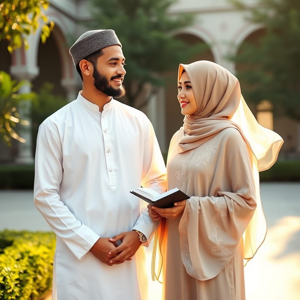 Islamic Couple in Masjid Courtyard at Golden Hour