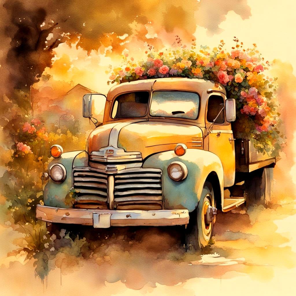 Vintage Truck in Warm Golden Light with Flowers