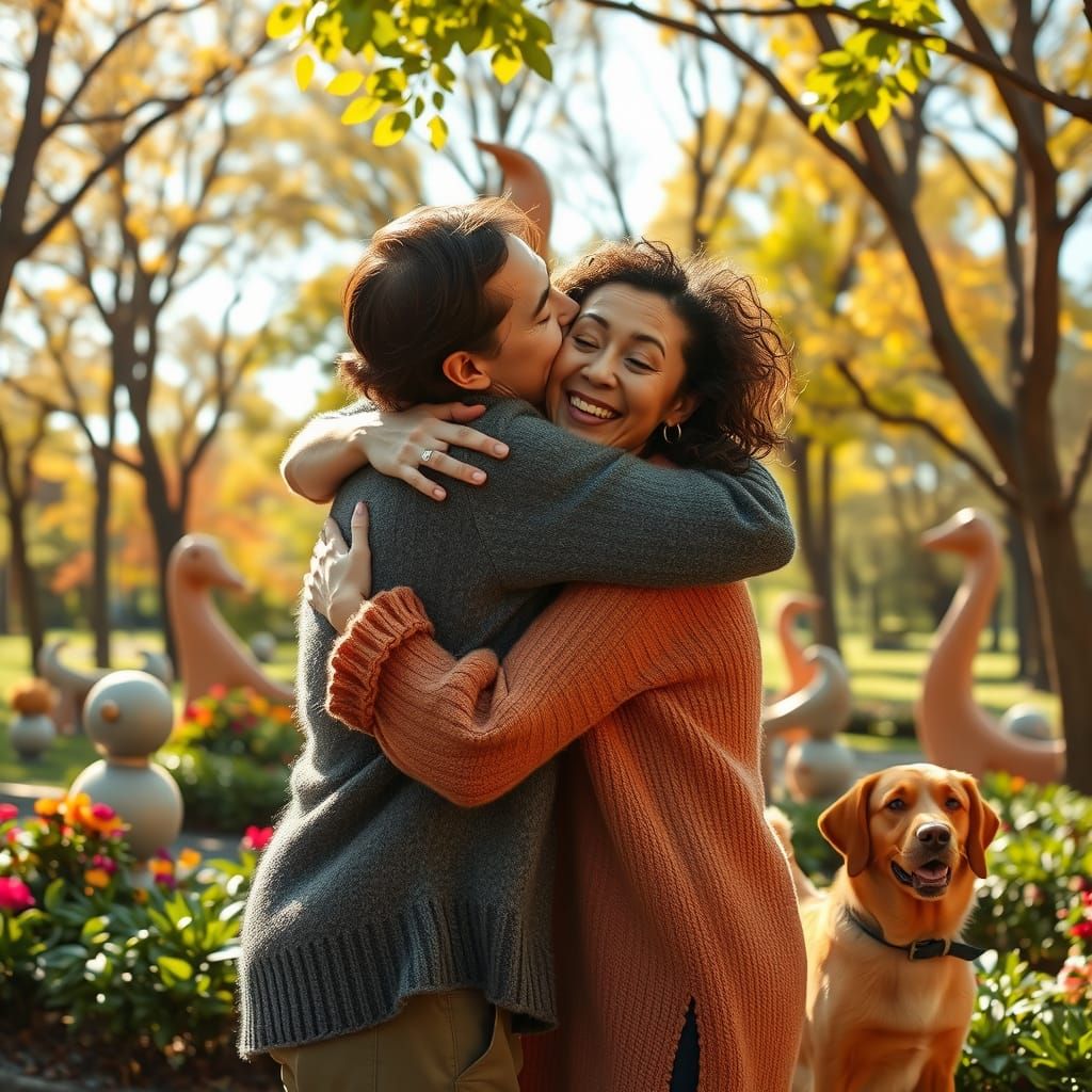enlightening image of a professional hugger in a vibrant park filled with trees and whimsical sculptures, warmly embraci...