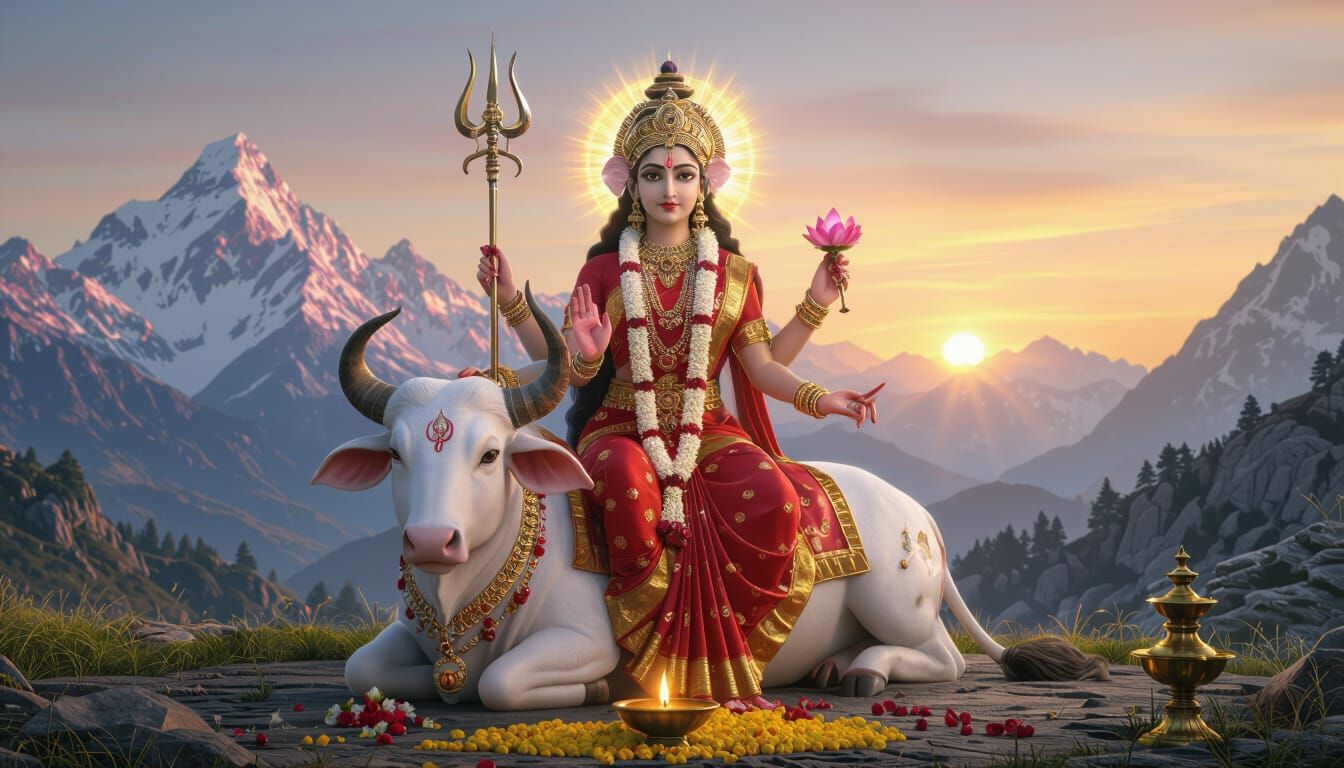 Maa Shailputri on Bull Nandi at Sunrise in Himalayas