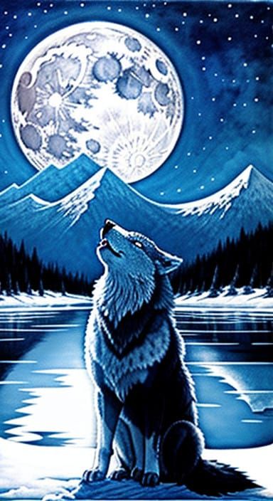Moonlit Wolf's Serene Reflection