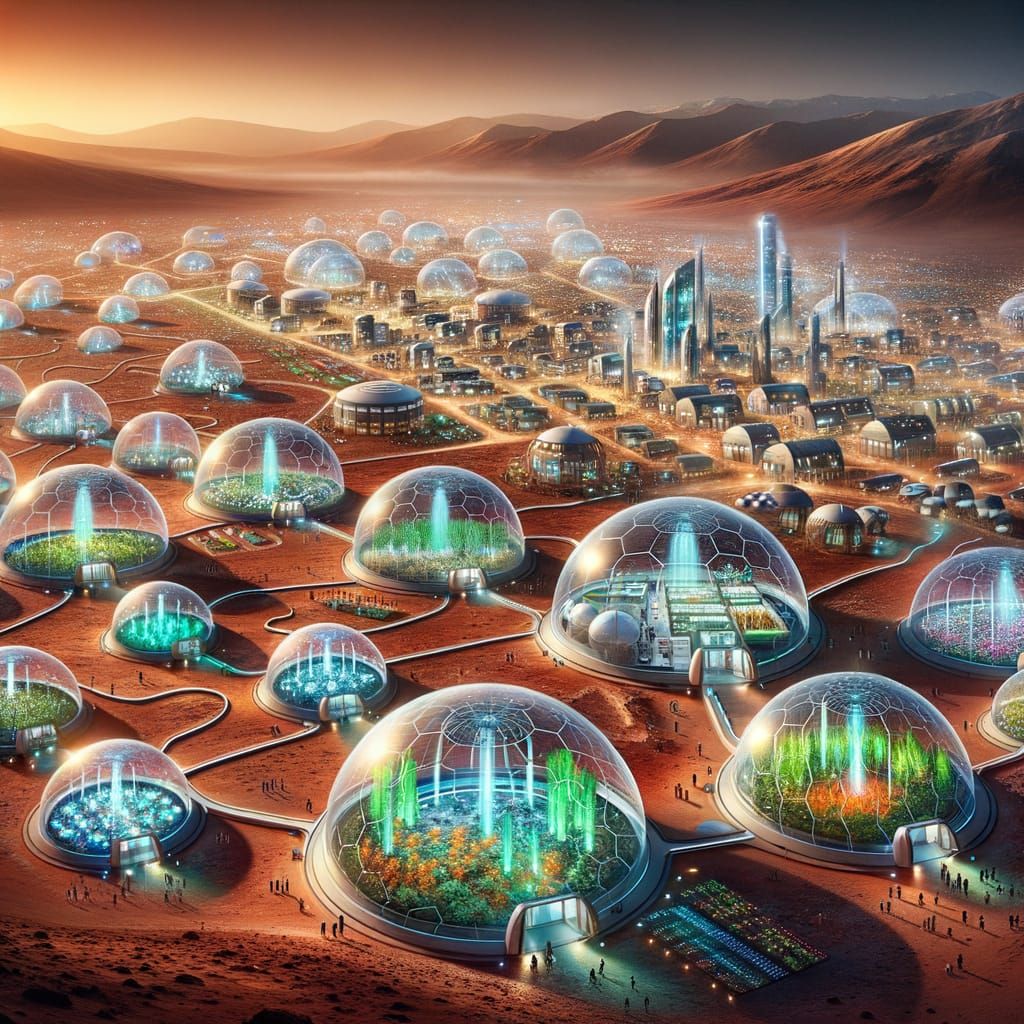Martian Cities Under Glass Domes With Neon Lights