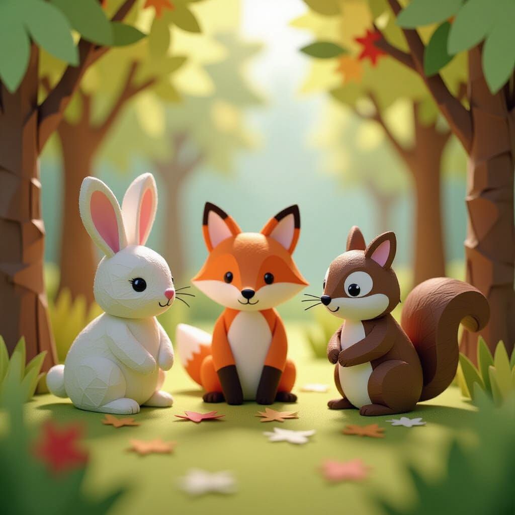 Cute Paper Animals in a Whimsical Forest Clearing