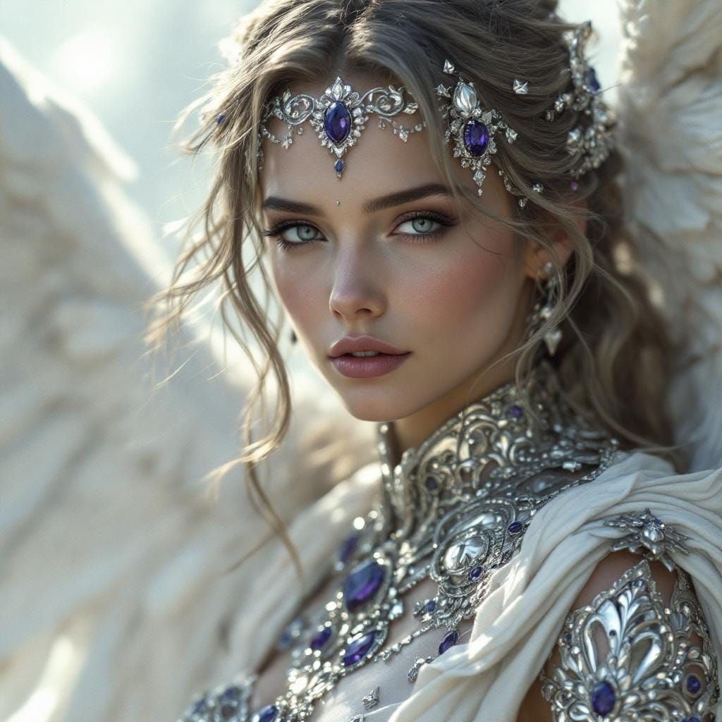 Fantasy Angel in Silver Armor and Jewels