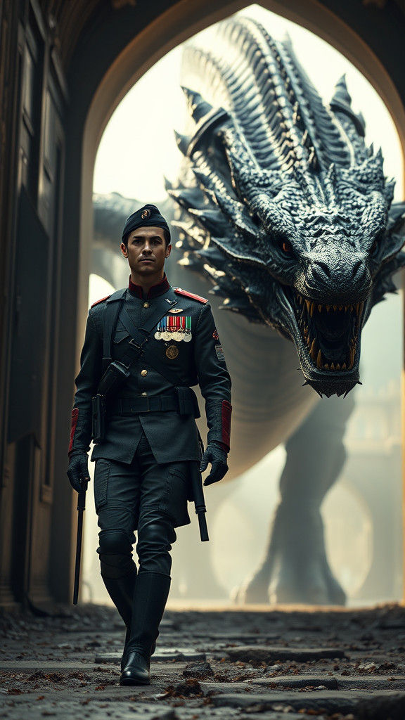 Dragon and Soldier Stride Through Gateway: Cinematic Still