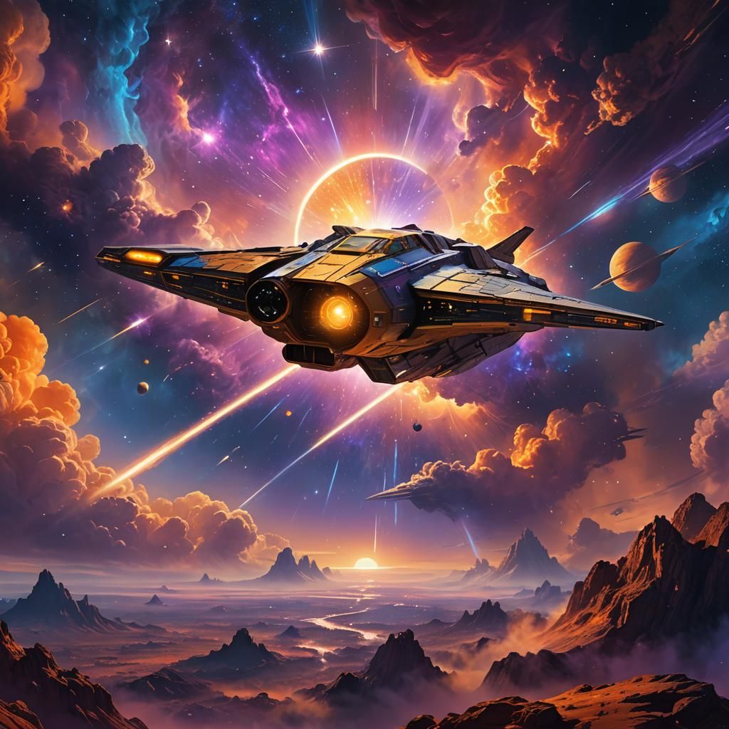 Spaceship Soaring Through Iridescent Nebula in Digital Art