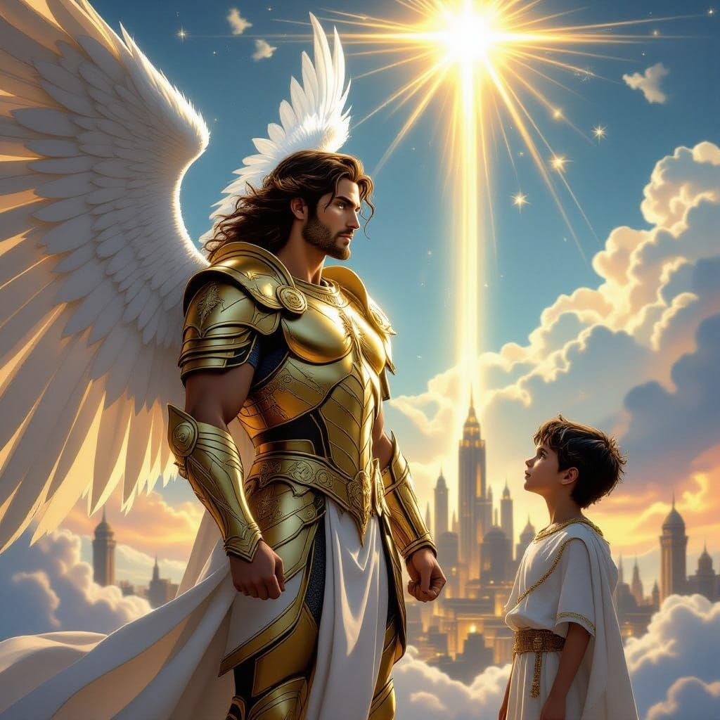 Archangel Michael Protecting Daniel in Futuristic City