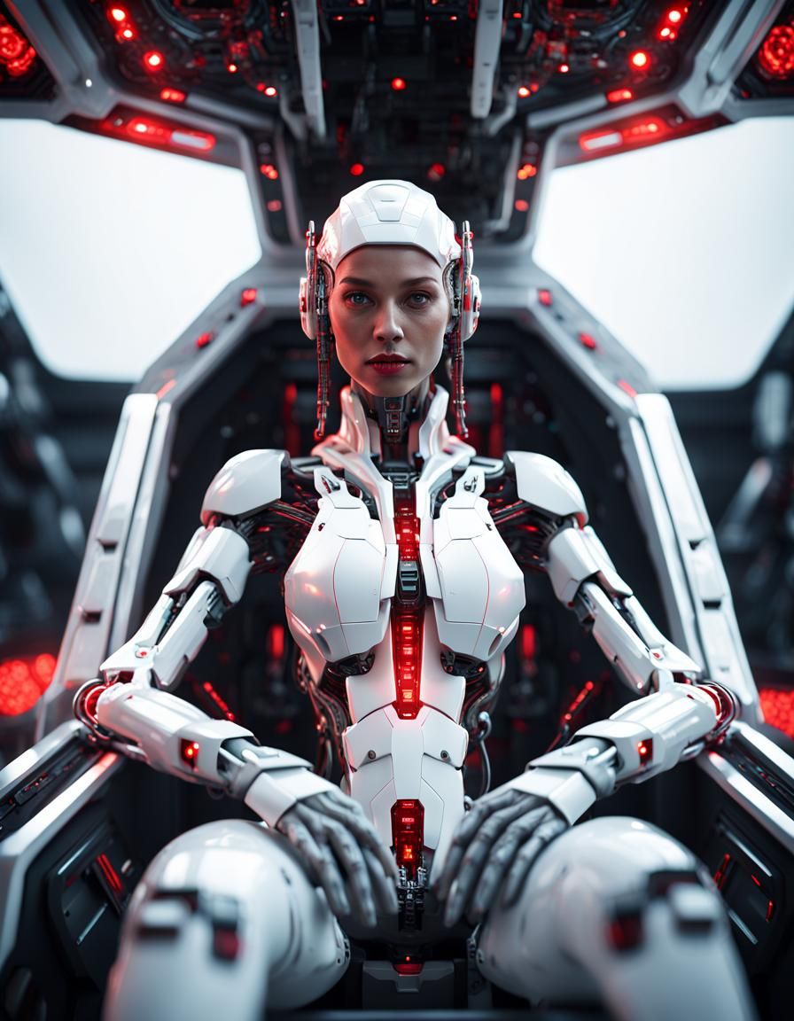 Futuristic Cyborg Woman in Spaceship Cockpit