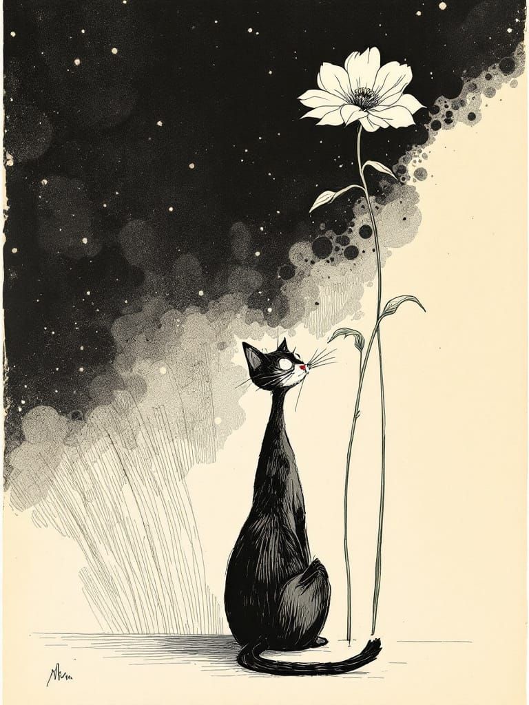 Cat Under Tall Flower, Modigliani & Steinberg Style