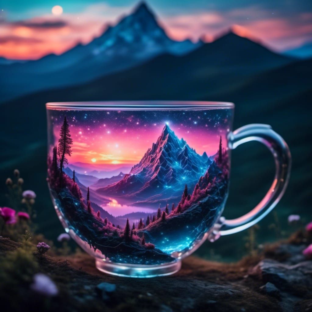 <lora:Night Sparkle:1.0> A large glass cup mirrors in its transparent contents the scenery of the beautiful background.....