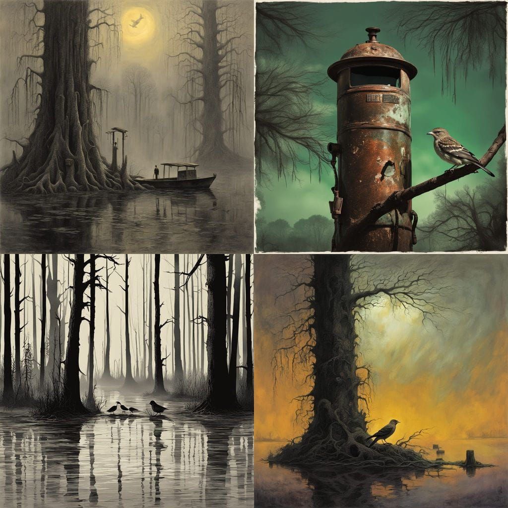 Southern Cypress Swamp Scene with a Perched Pine Siskin in a...