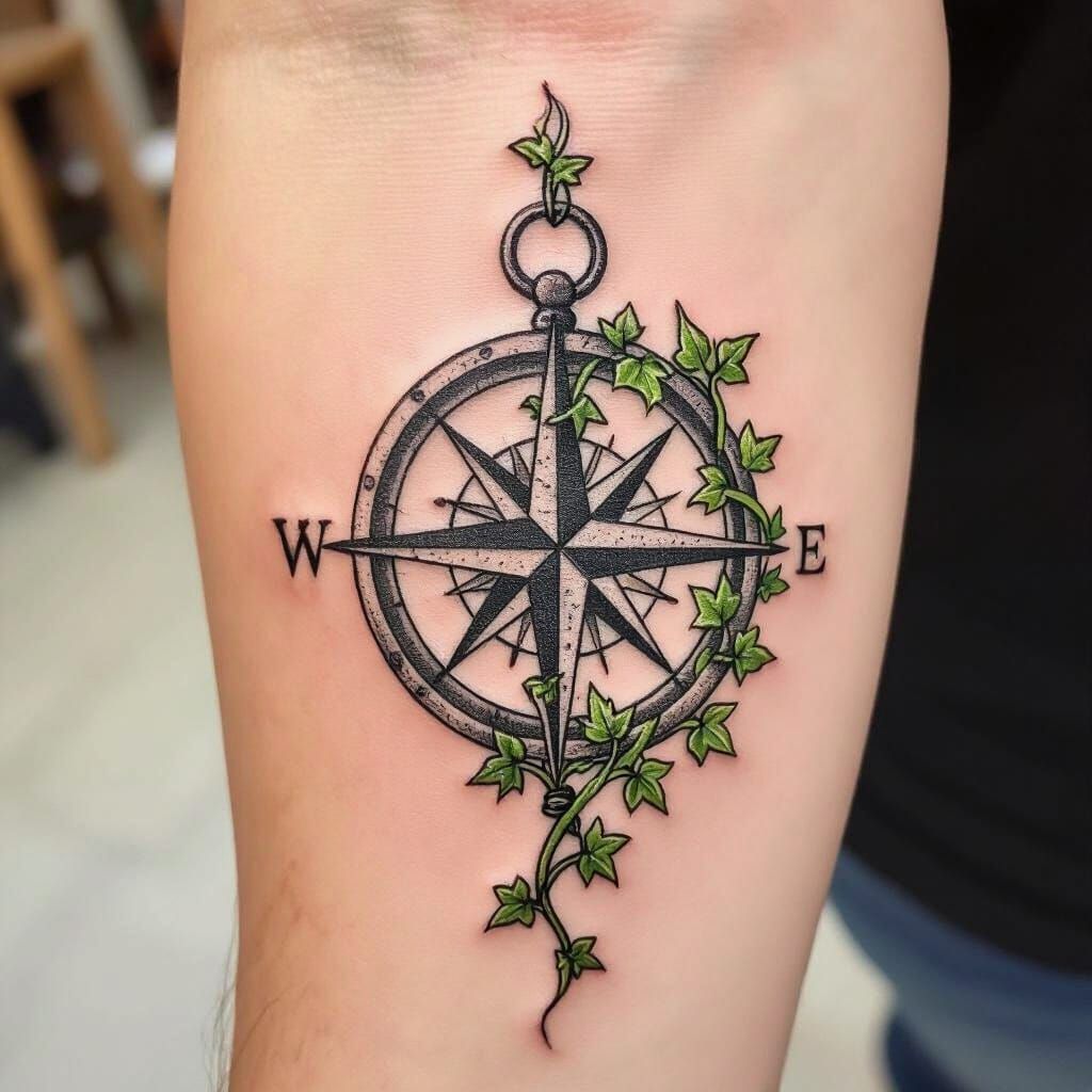 Compass Tattoo with Dead and Alive Ivy Vines