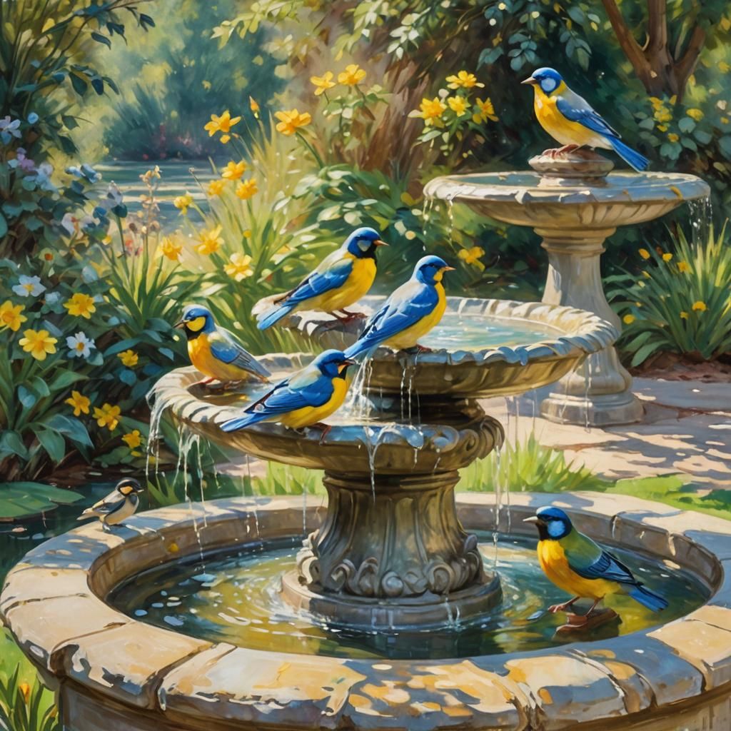 Impressionist Birds at Stone Birdbath Fountain
