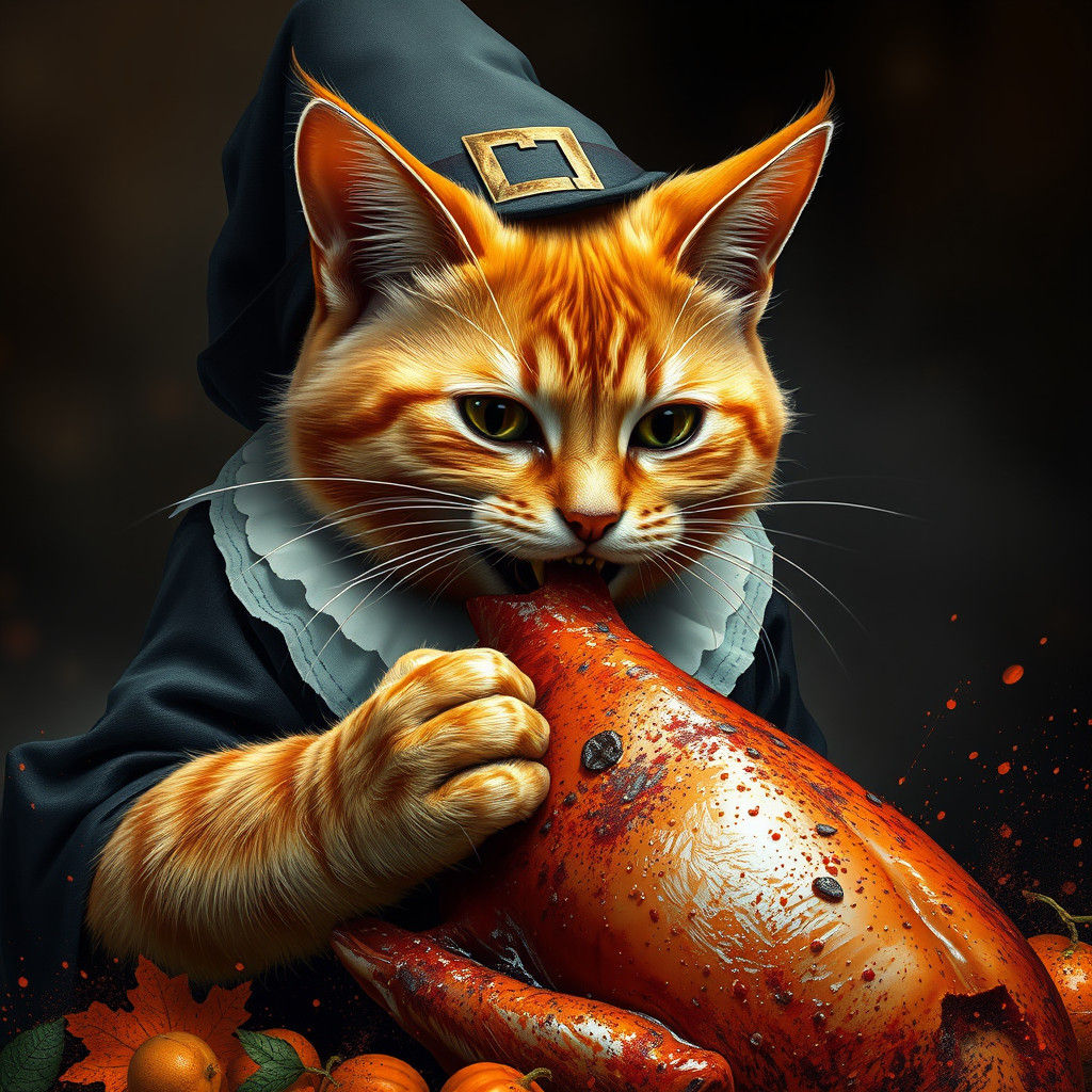 Pilgrim Cat Enjoys Turkey: Ink Splatter Art