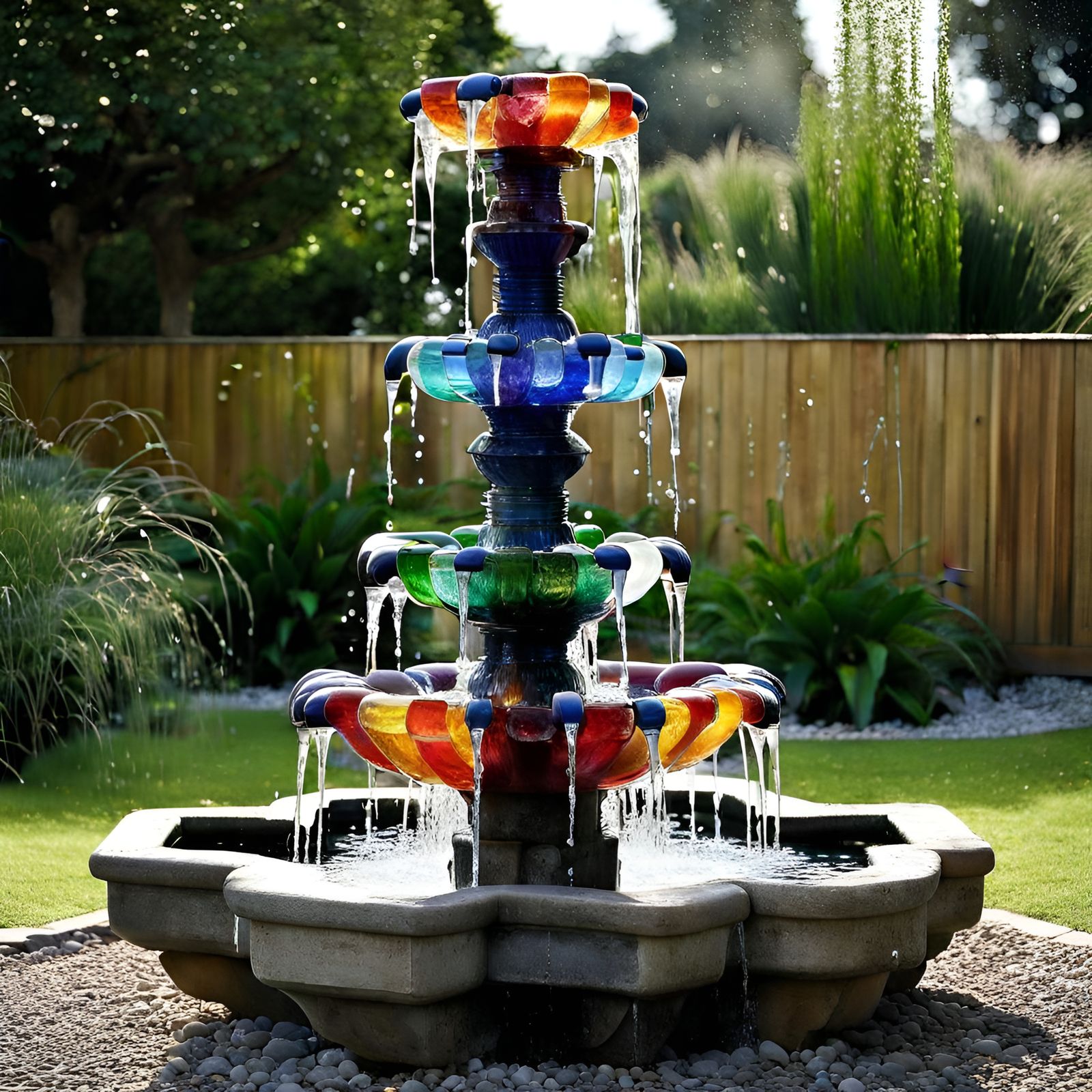 fountain, water feature made from parts of coloured and clear glass  from bottles and old milk bottles: