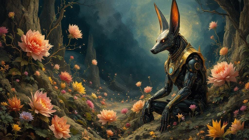 Anubis in a Surrealist Robotic Garden, Oil Painting