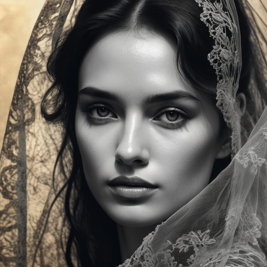Elegant Veiled Beauty in Retro Charcoal Drawing