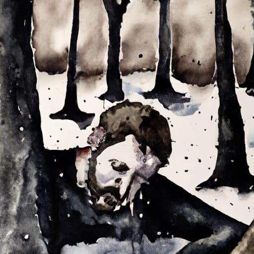 Man's Painful Demise in Dark Forest, Watercolor Art