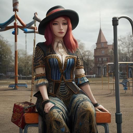 Woman with Puppet in Playground: Hyperrealistic Image