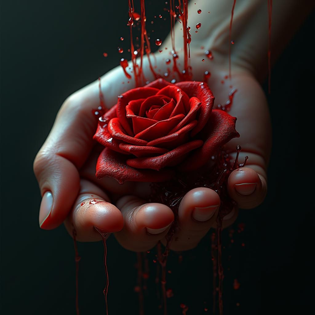 Hand Bleeding While Holding Rose in Dark Fantasy Style