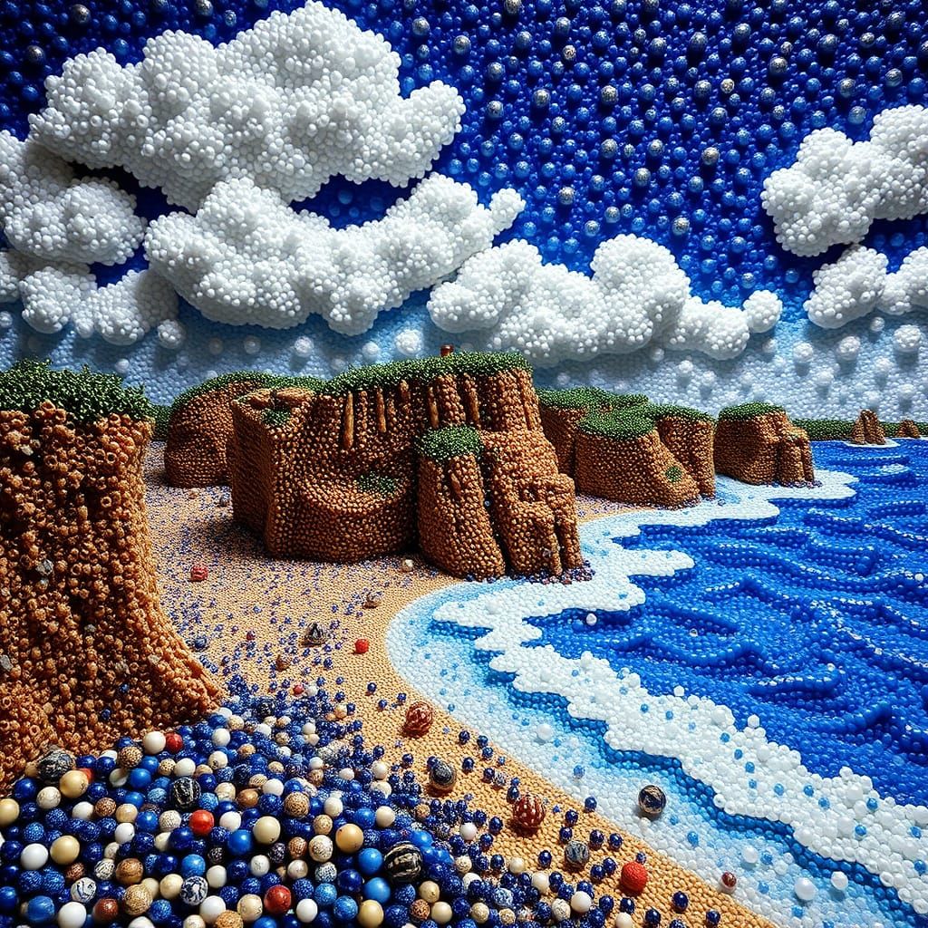 Beaded Beachscape with Shimmering Cliffs in 3D