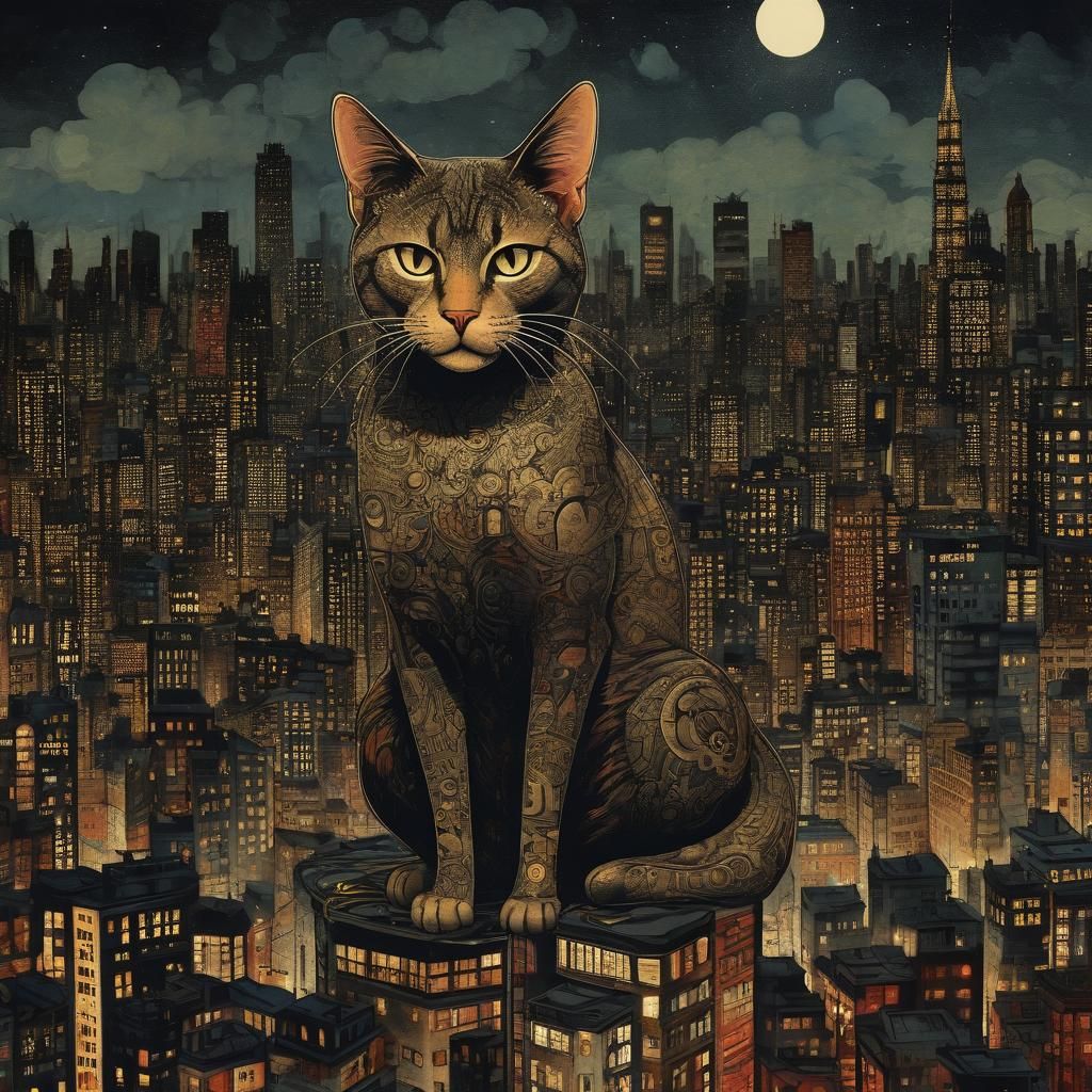 Cat in City Night, Modern Art Style