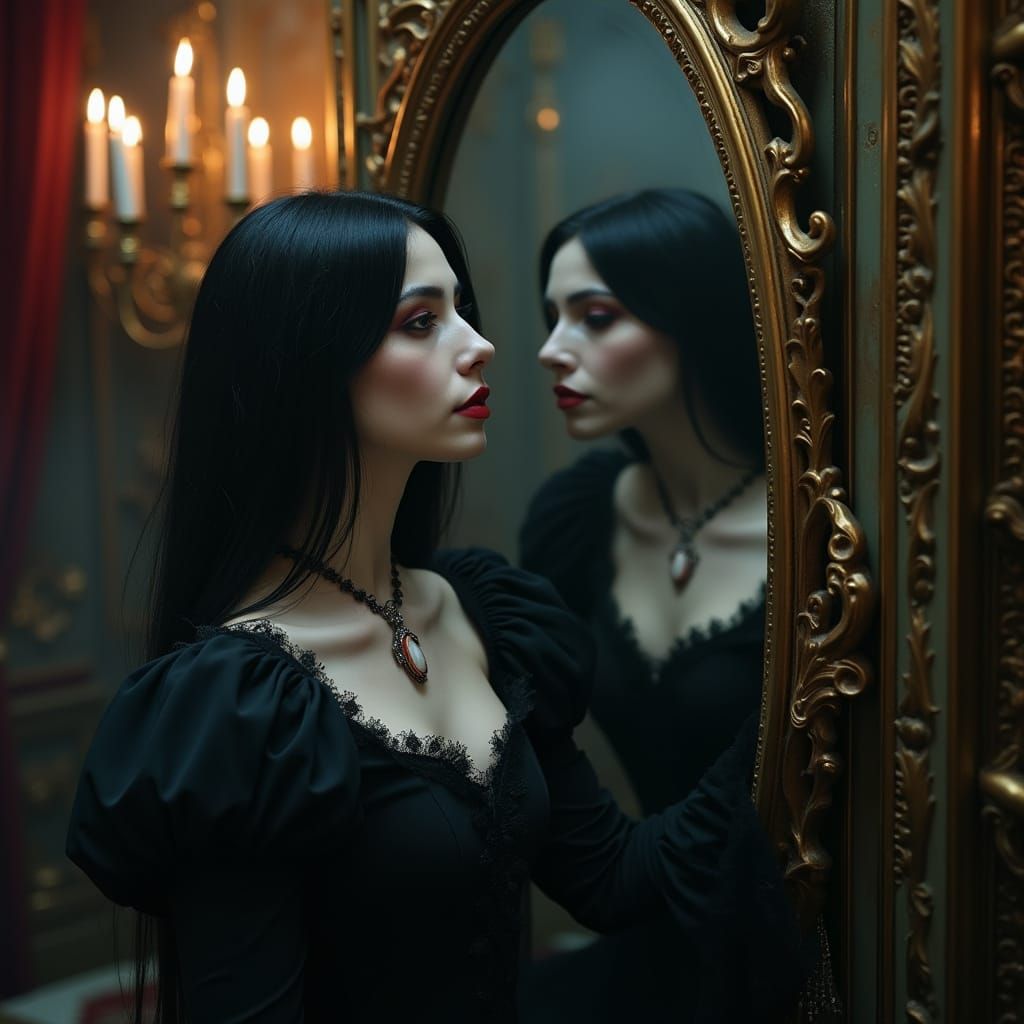 Gothic Beauty Gazing into an Ornate Mirror