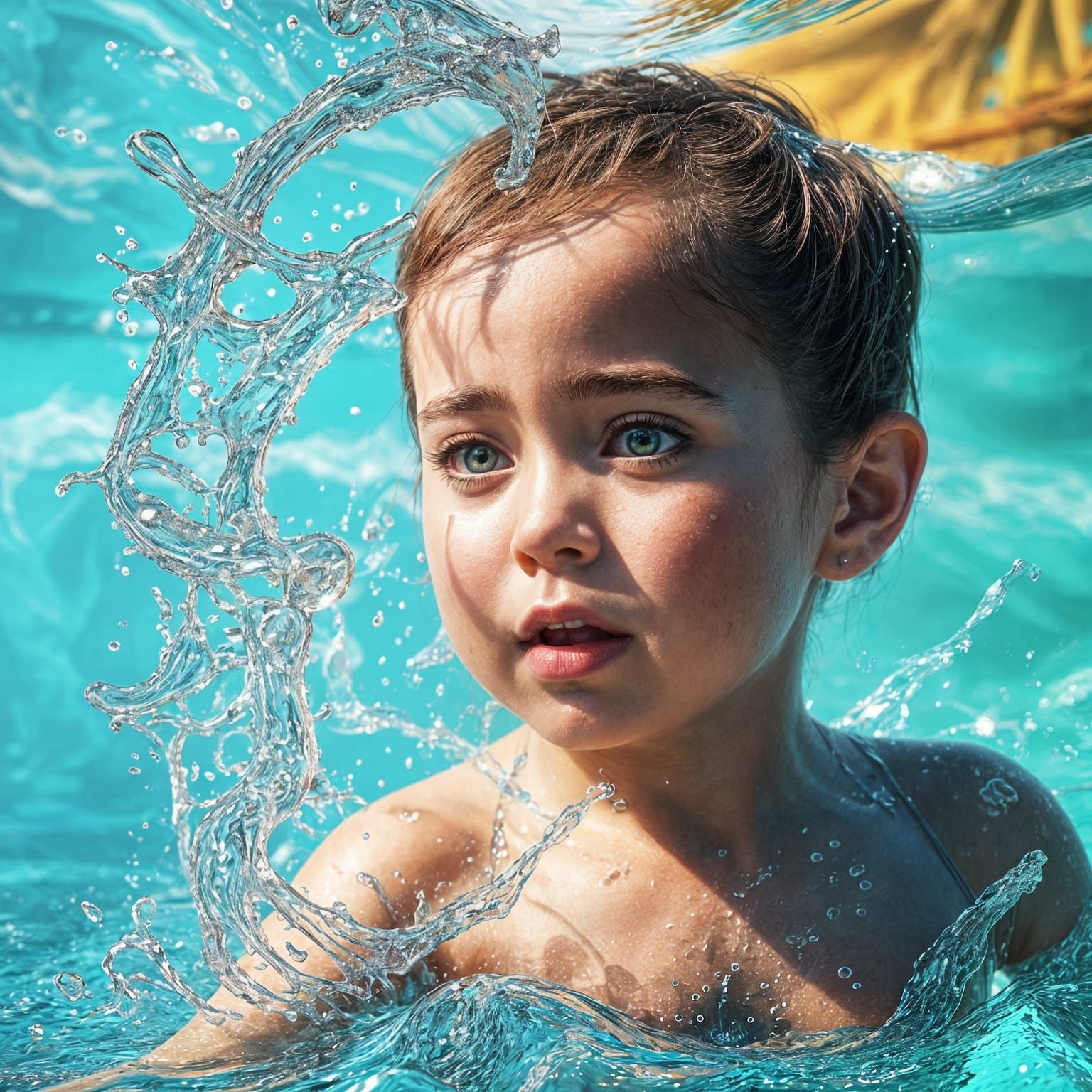 Child Plays in Transparent Sea: Hyperrealistic Splash Art
