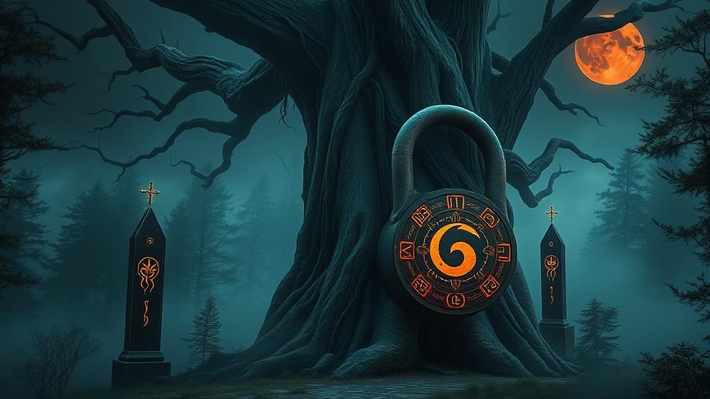 Mystical Forest Tree with Tzeentchian Lock in Surreal Style