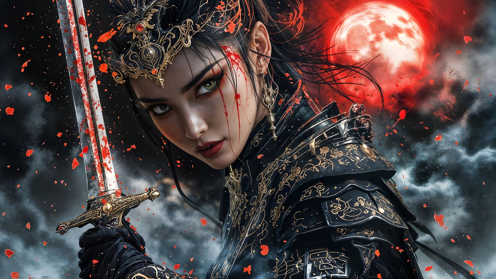 Armored Swordswoman in Ink Splatter Style