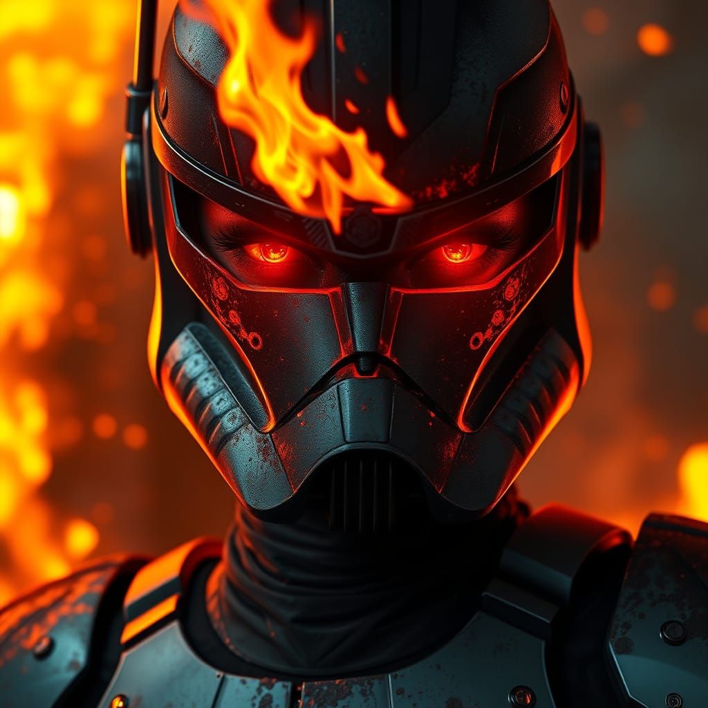 Fiery, Armor-Scarred Female Clone Trooper in Desperate Strug...