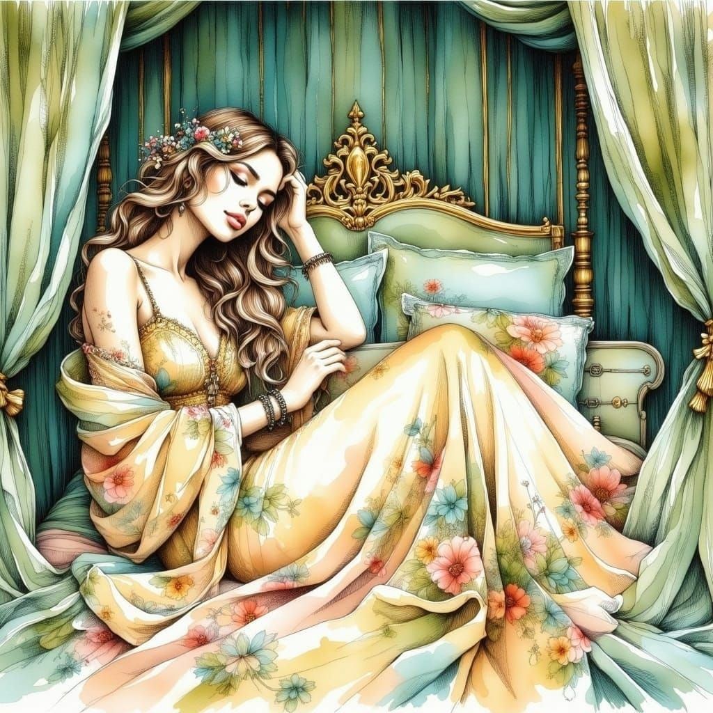 Woman in Dreamy Green Bedroom with Watercolor Background and...