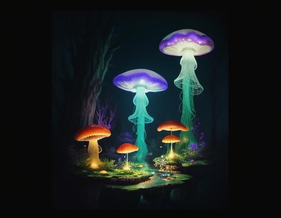 Jellyfish in Toadstool Forest, Beatrix Potter Style