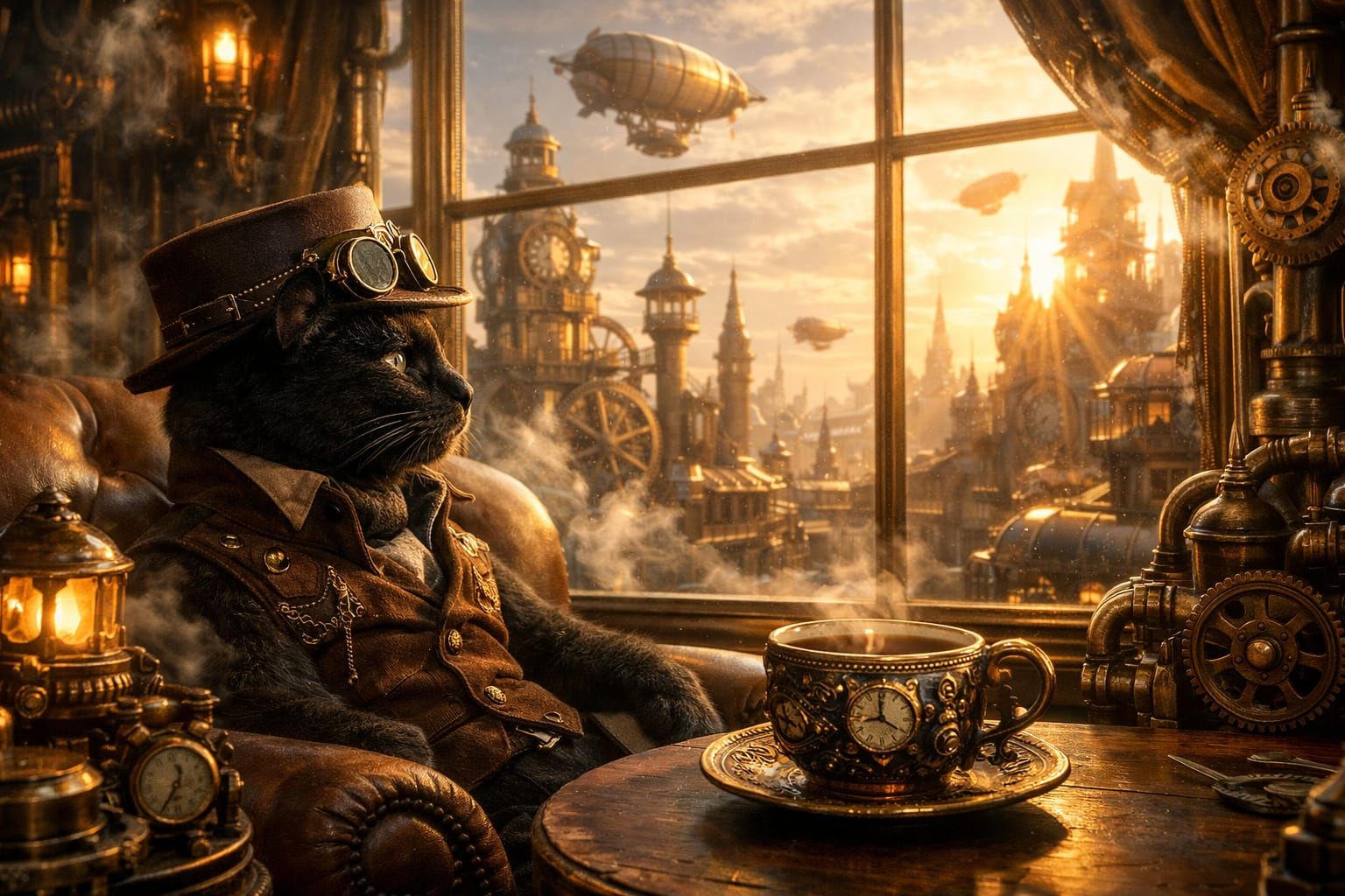 Steampunk Cat Enjoys Coffee in Clockwork City Cafe