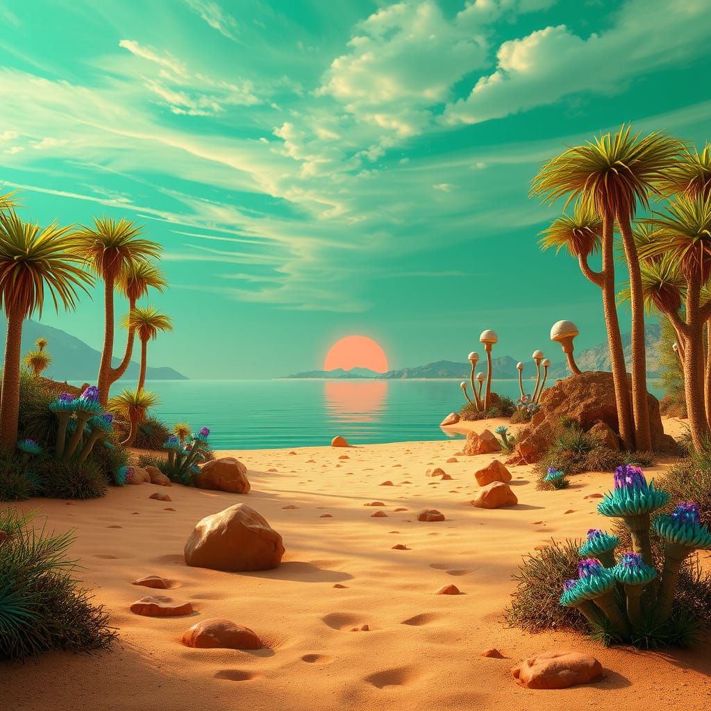 Serene Alien Lakefront with Towering Trees and Mystical Flor...