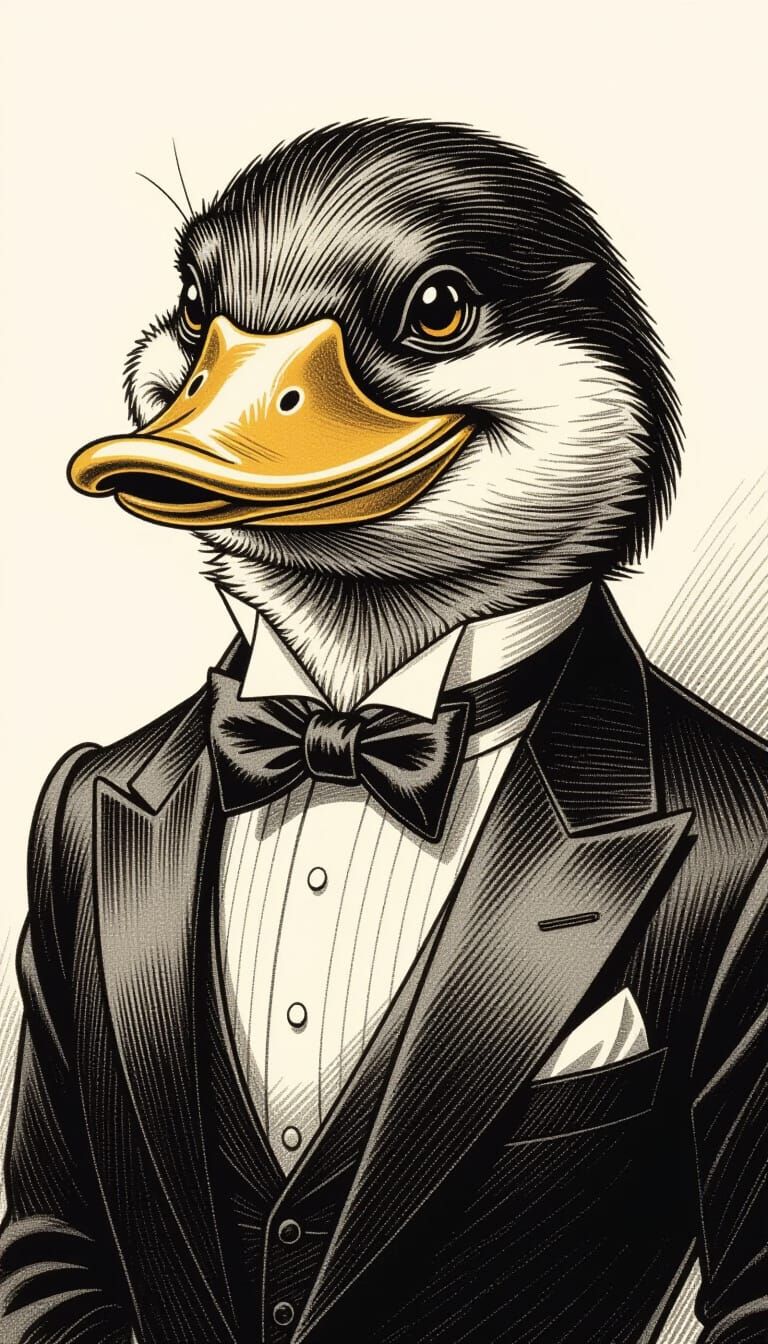 Humorous Tuxedo Platypus in Graphite Pencil Style