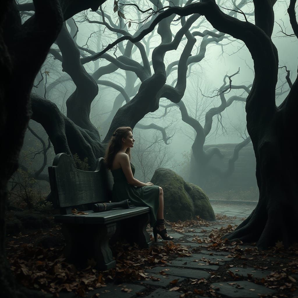 Contemplative Woman in Forgotten Garden as Digital Art