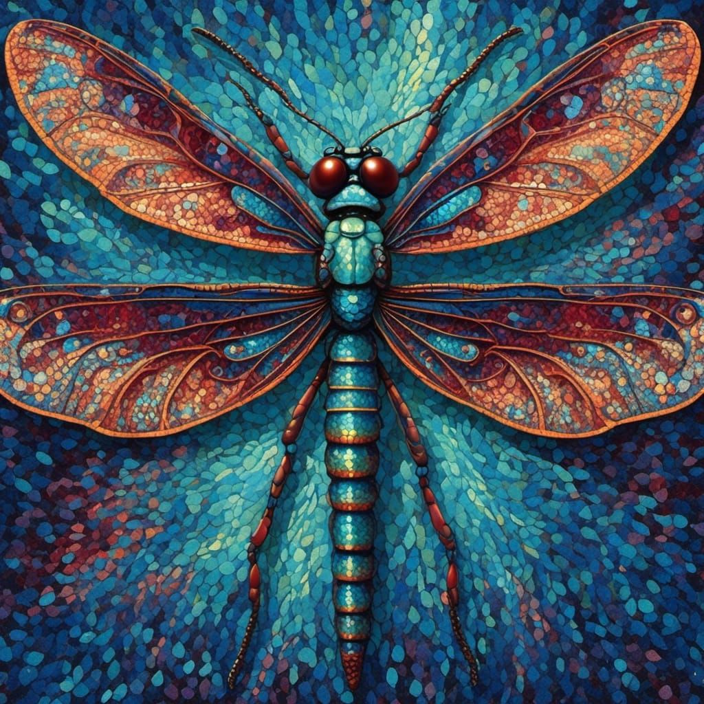 <lora:Pointillism:1.0>  portrait of a dragonfly with 4 wings turquoise Navy sky blue burgundy - 6 wings
